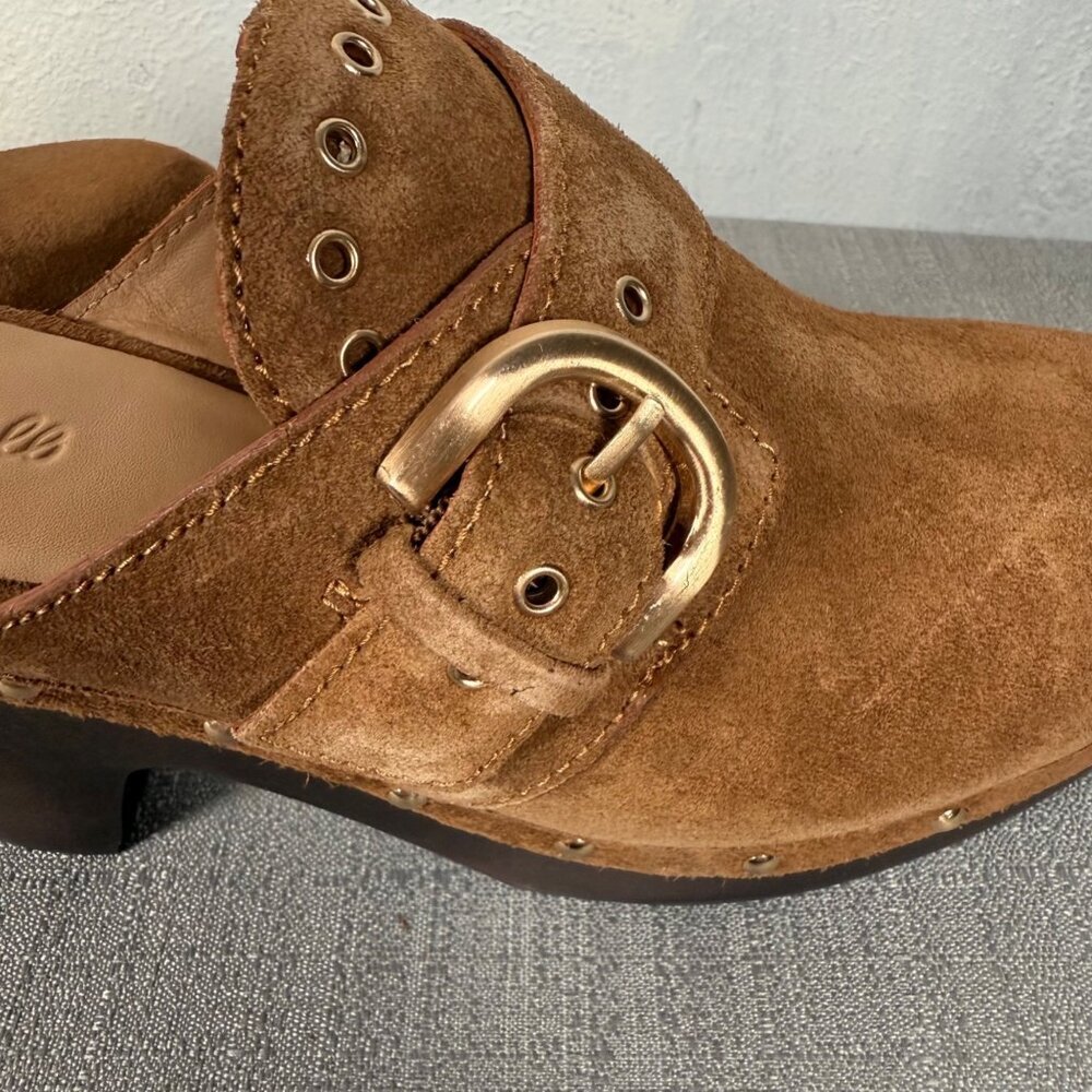 Madewell The Wes Buckle-Strap Clog Brown Suede Gold Studded Heels Platform 7 - Picture 7 of 16